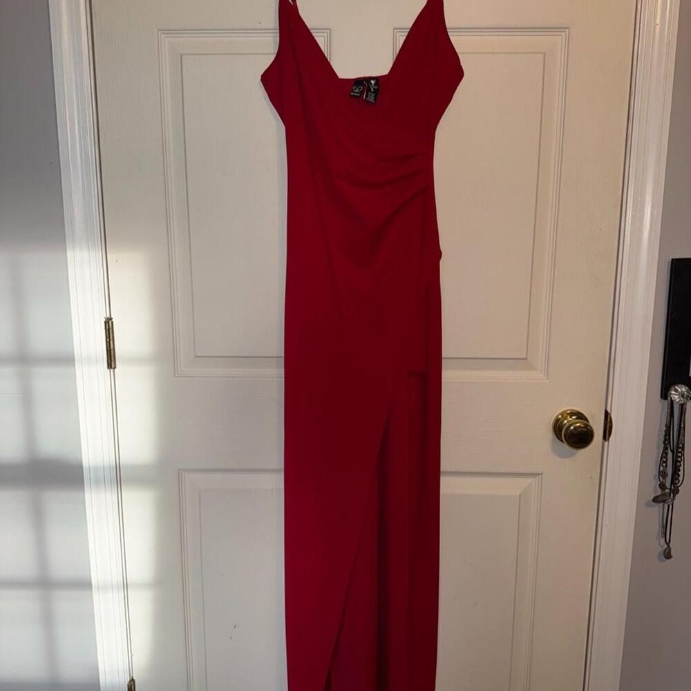 Red Maxi Dress│V-Neck Sleeveless│Side Ruching│Front Slit│Size Medium